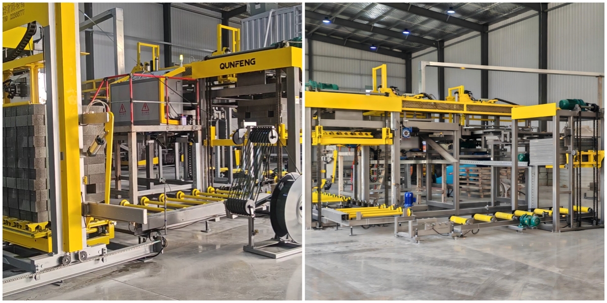 Automatic palletizing system for Qunfeng Machinery’s fully automatic concrete product production line. क्यूनफेंग मशीनरी की पूरी तरह से स्वचालित कंक्रीट उत्पाद उत्पादन लाइन के लिए स्वचालित पैलेटाइजिंग प्रणाली।
