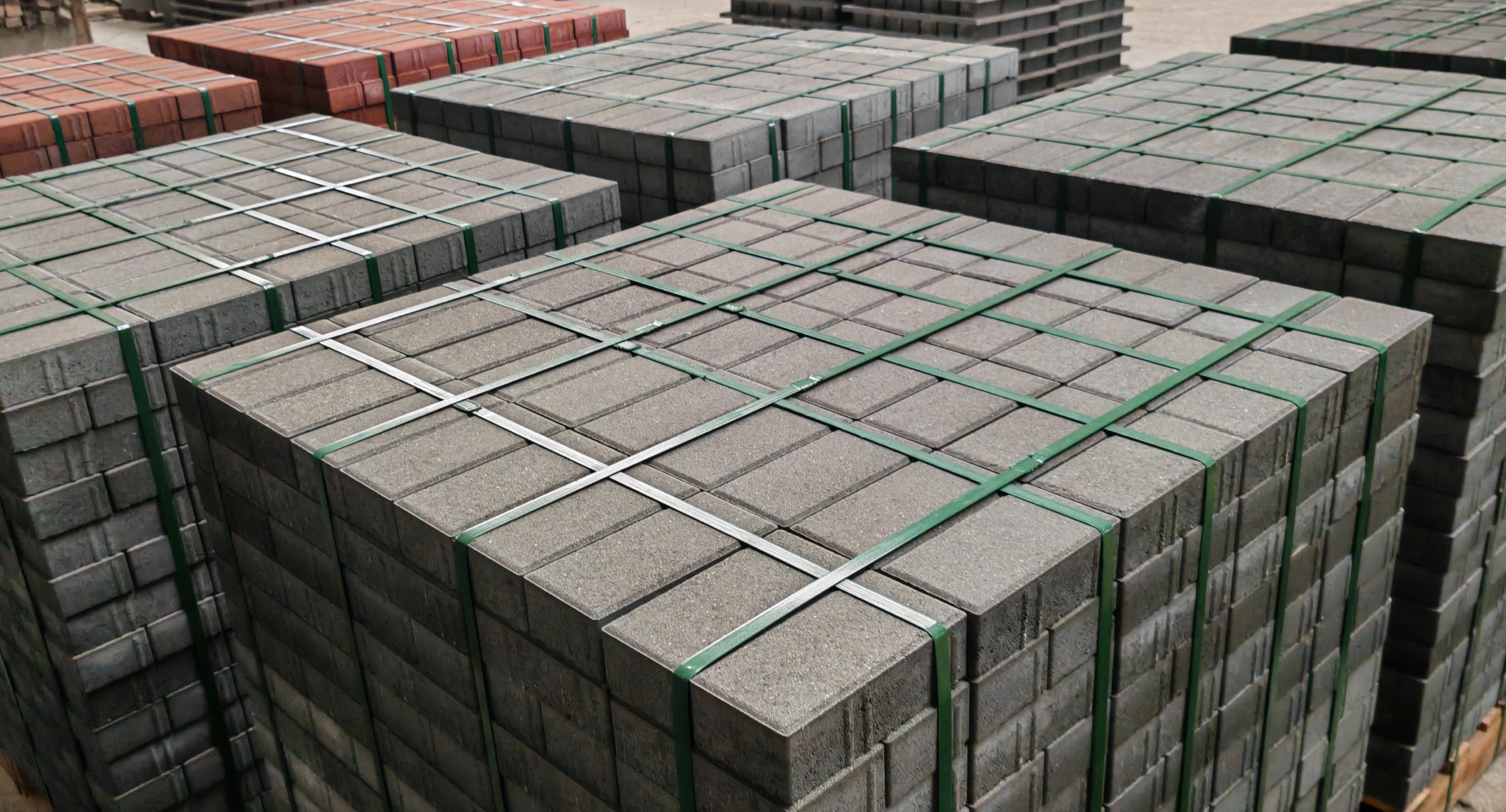 A showcase of permeable brick stacks produced by a Guangdong client using the Qunfeng Machinery QS automatic production line क्यूनफेंग मशीनरी क्यूएस स्वचालित उत्पादन लाइन का उपयोग करके गुआंग्डोंग क्लाइंट द्वारा उत्पादित पारगम्य ईंट के ढेर का प्रदर्शन