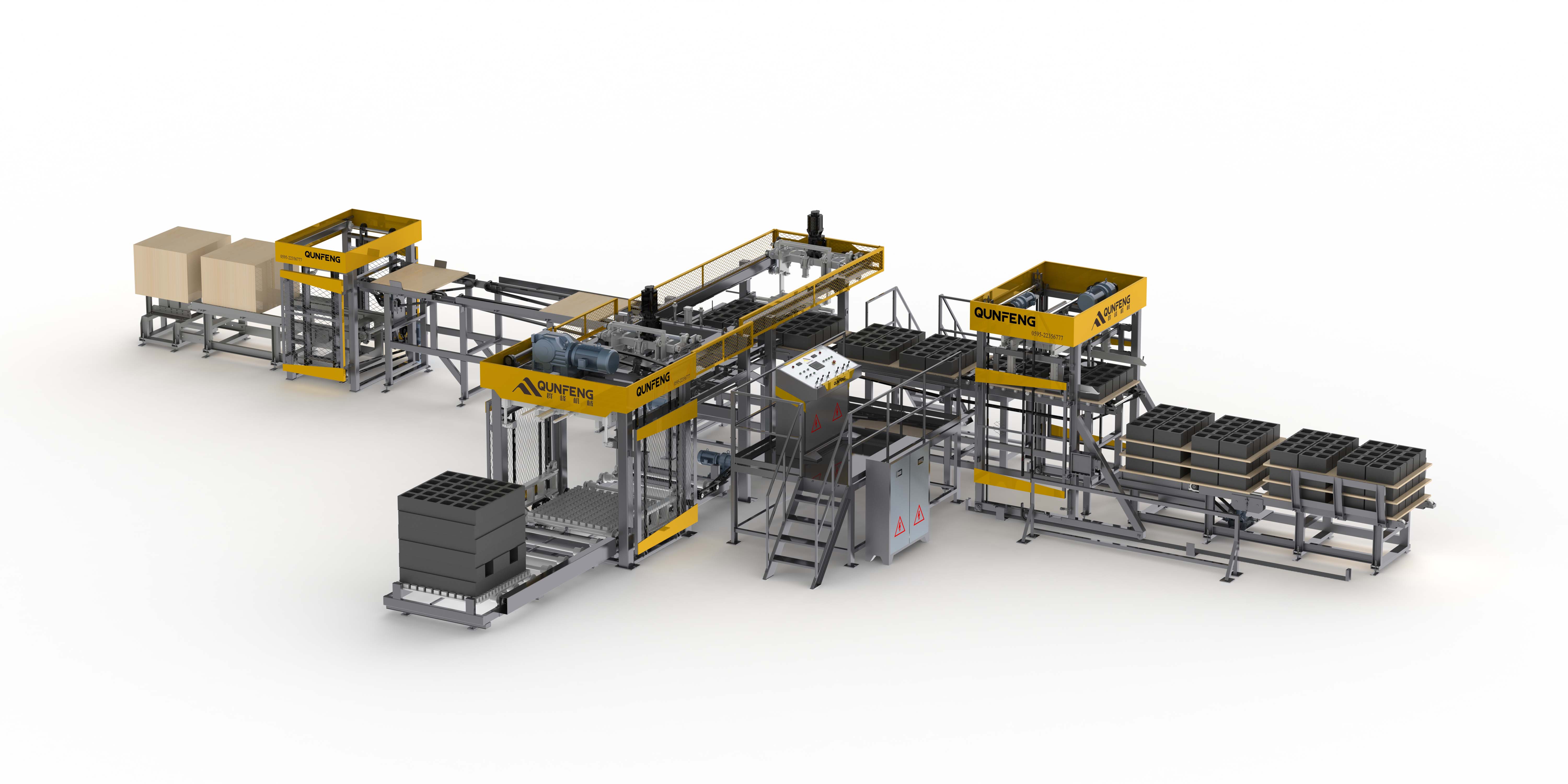 कंक्रीट ब्लॉकों के सामने के दृश्य के लिए QMD1200D लो पोजीशन पैलेटाइज़िंग सिस्टम
